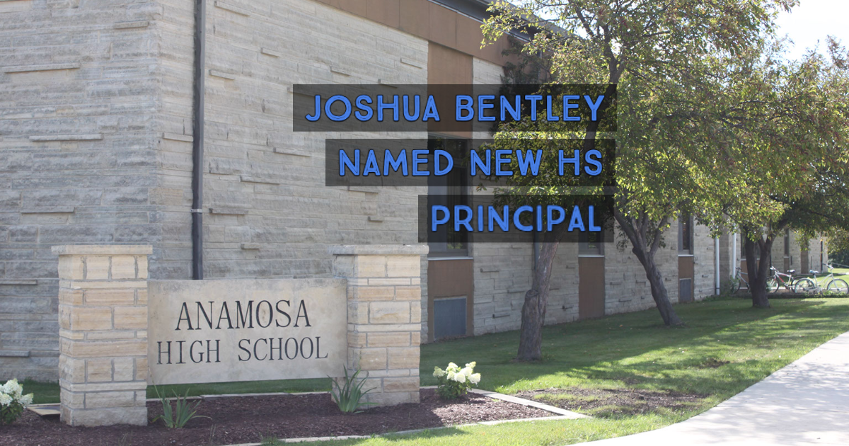 Outside of high school building with text overlay announcing new principal Josh Bentley